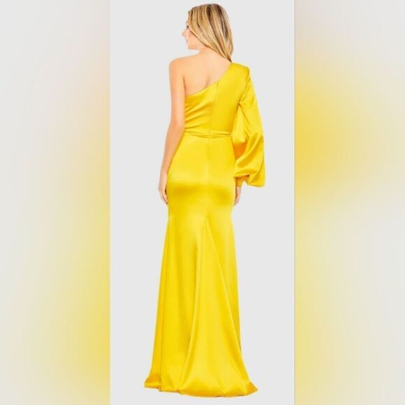 Mac Duggal 26712 One Shoulder Bishop Sleeve Trumpet Gown NWOT size 14 Yellow - Picture 2 of 7